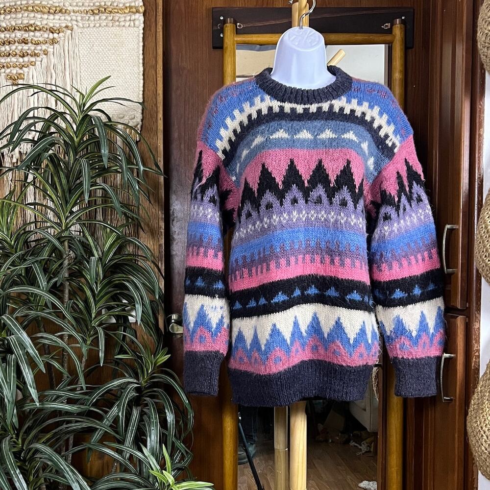 Vintage 80s Hand Knit Fair Isle Sweater Womens L Multicolor Nordic Geometric Ski
